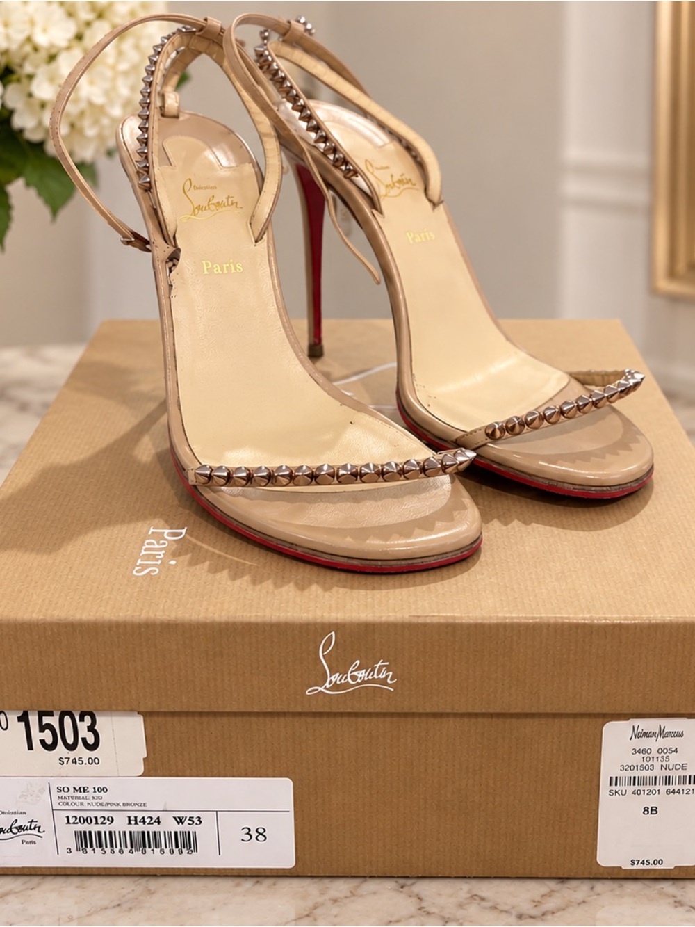 Christian Louboutin So Me 100 Nude/Pink Bronze Spiked Heels – Size 38